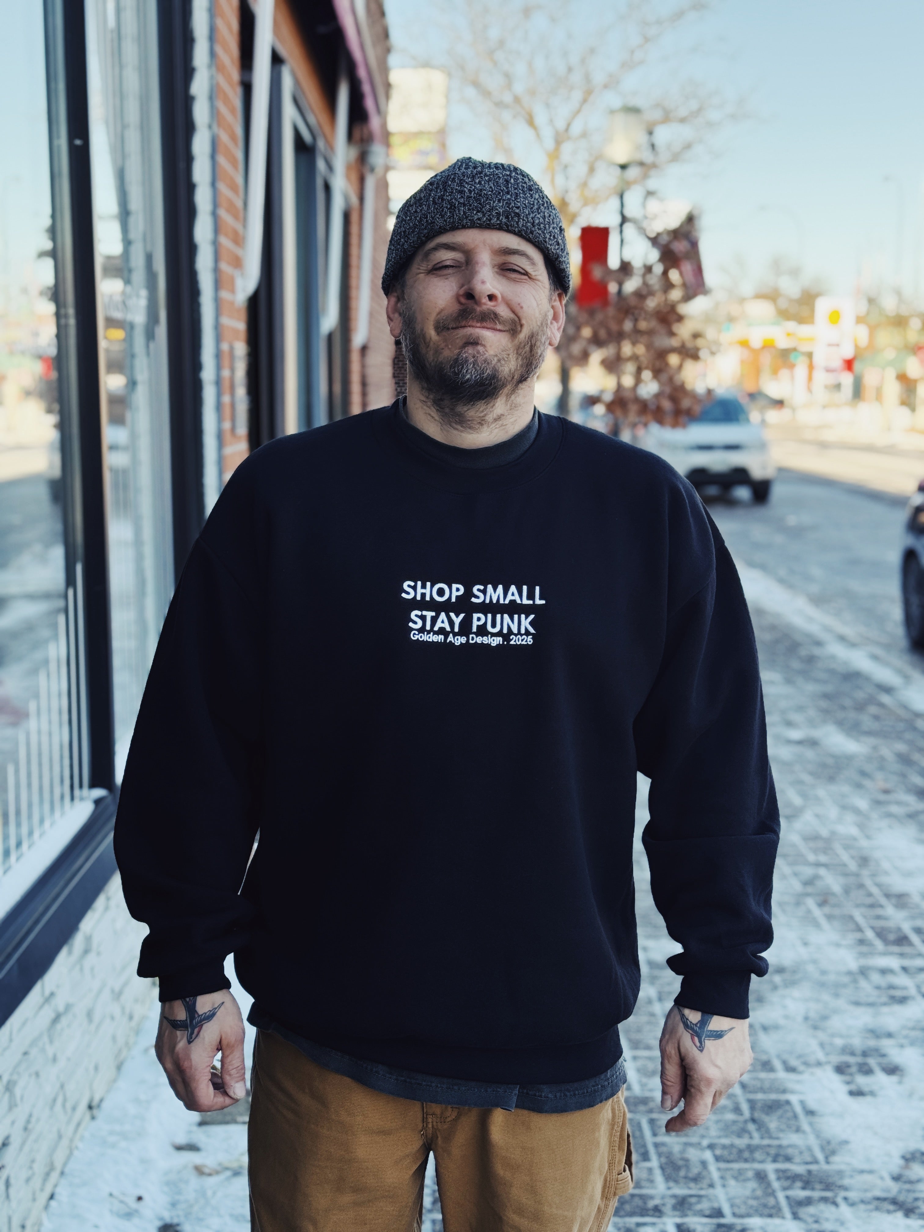 "Shop Small Stay Punk" Embroidered Crewneck Sweatshirt: Black