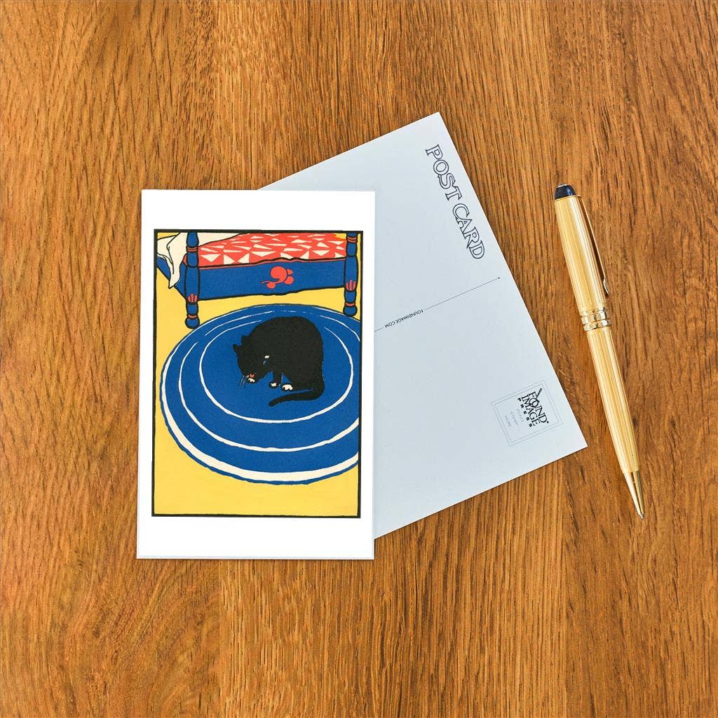 Black Cat on Round Rug Postcard