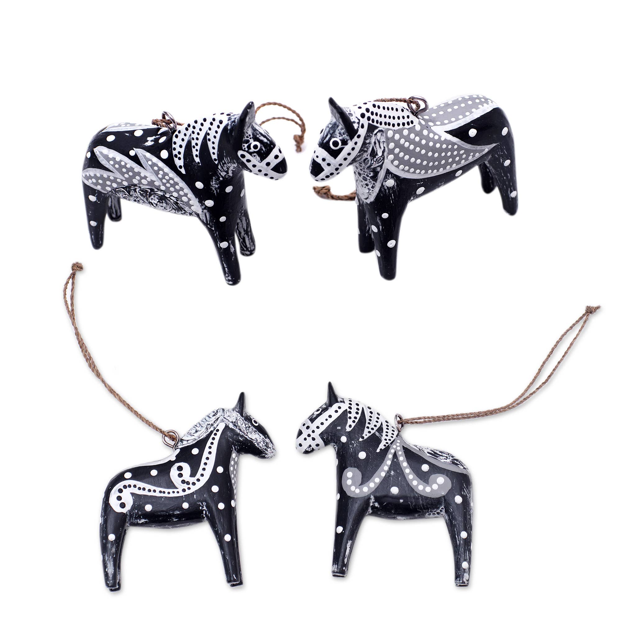 Handmade Dala Horse Wood Ornament: Black & White