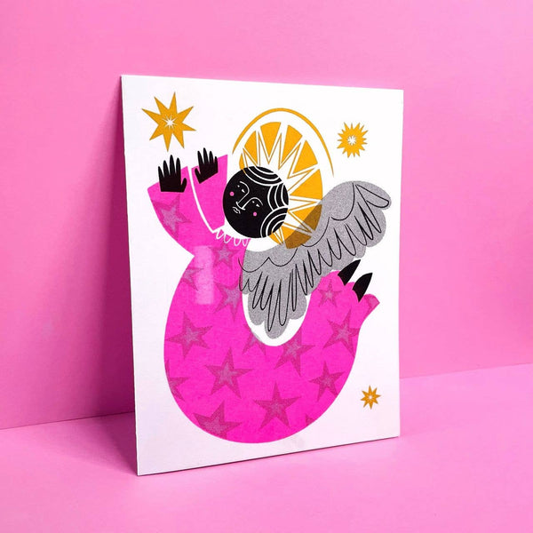 Neon Angel Risograph Holiday Card 