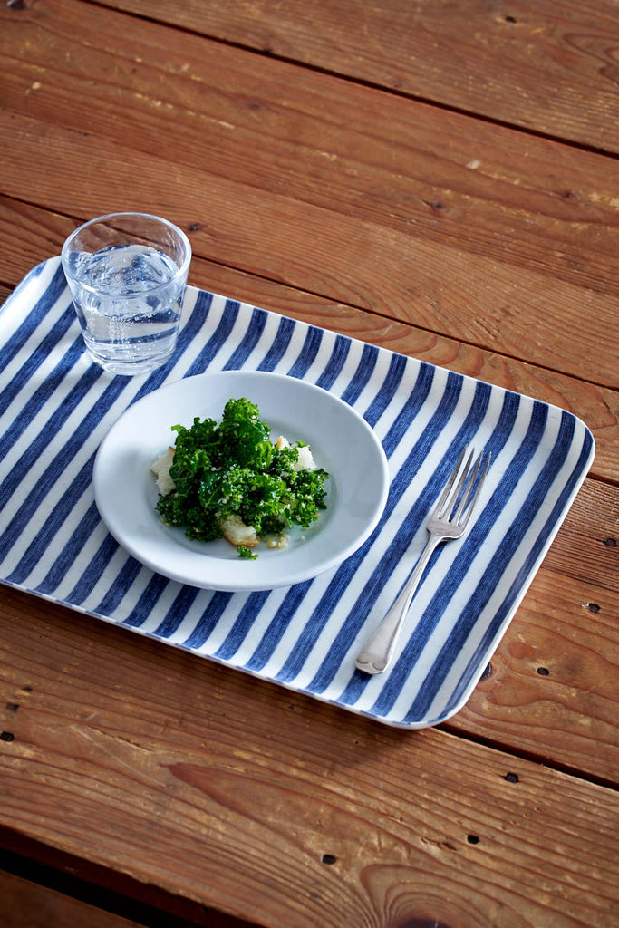 Linen Coated Tray White Blue Stripe  (L)