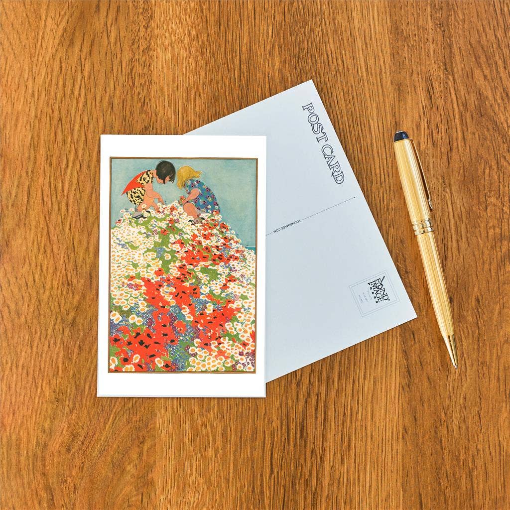 Postcard Little Girls in Field of Flowers