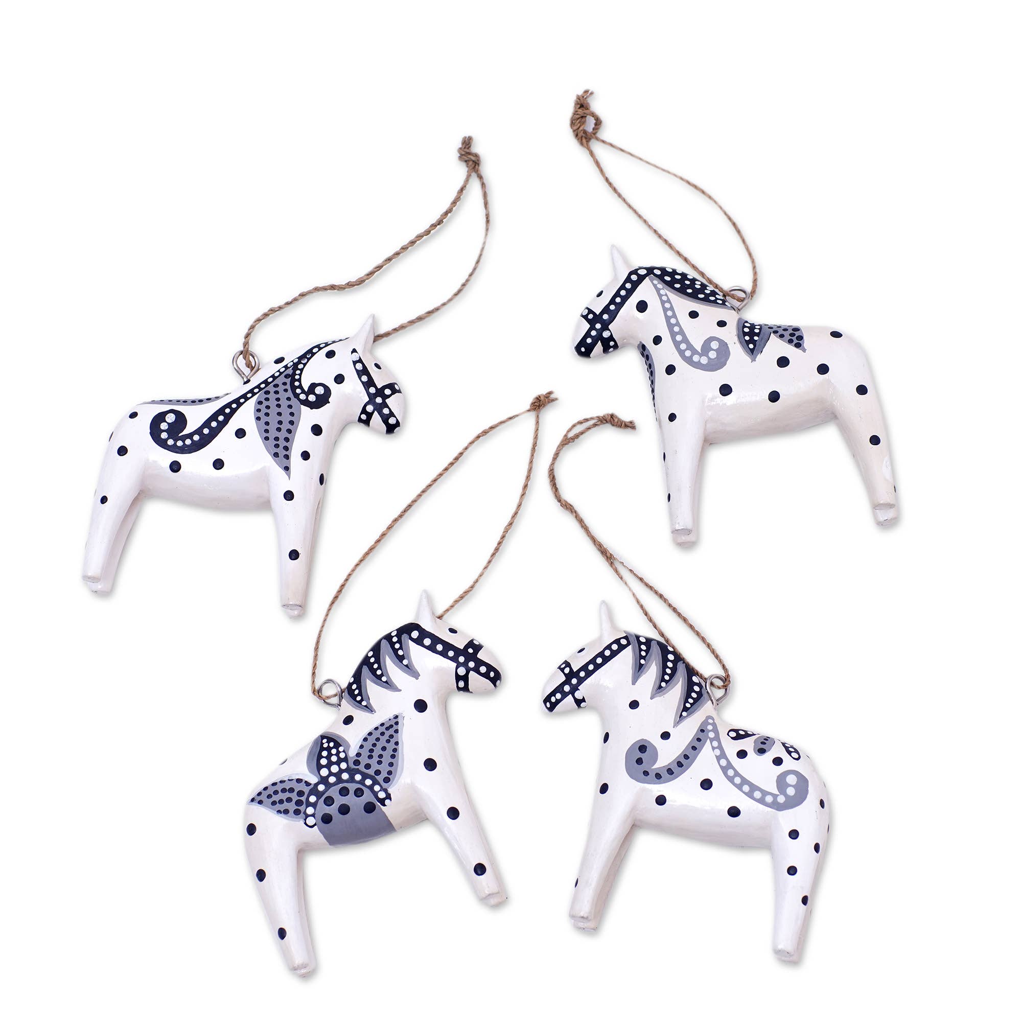 Handmade Dala Horse Wood Ornament: White & Grey