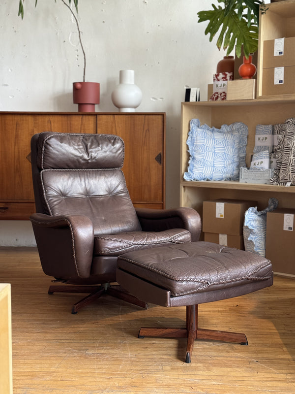 Danish Lounge and Ottoman in brown leather