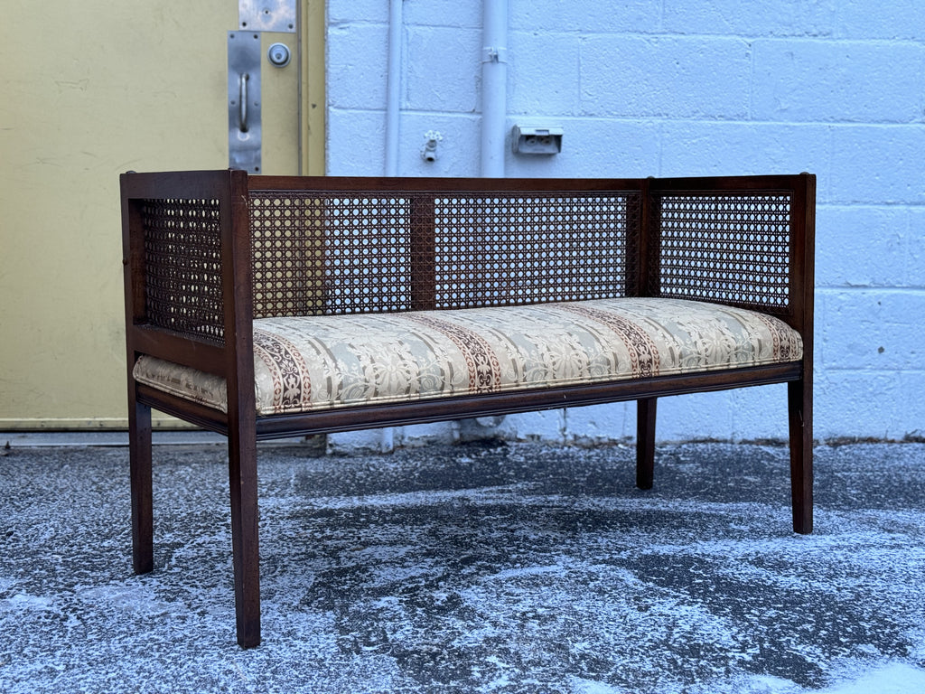 Vintage upholstered cane bench