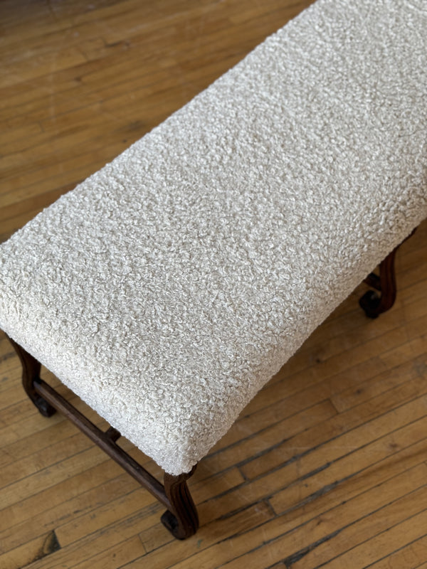 Long Antique Bench in Ivory Faux Shearling / Boucle