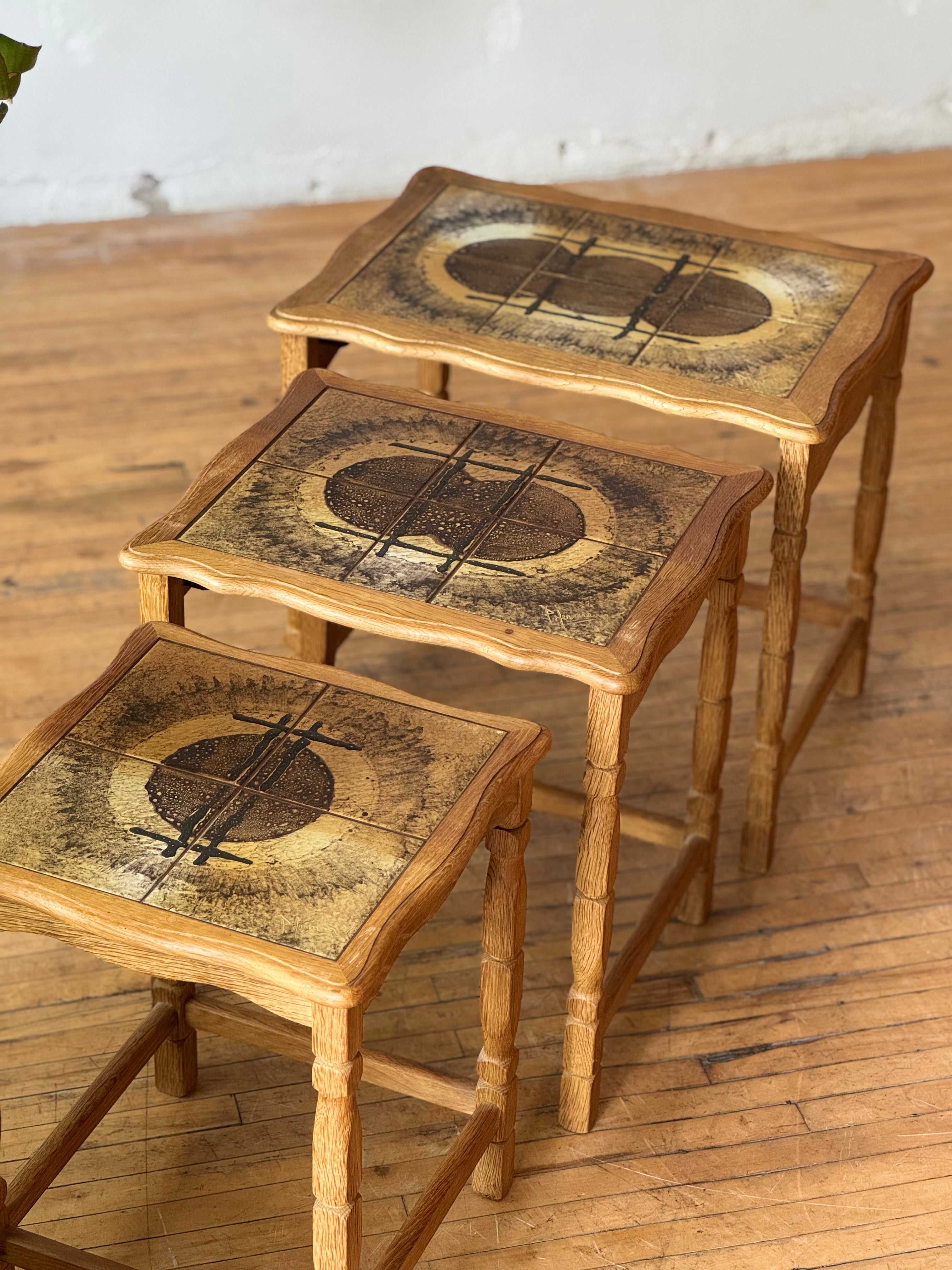 Oak & Tile Nesting Tables #3433