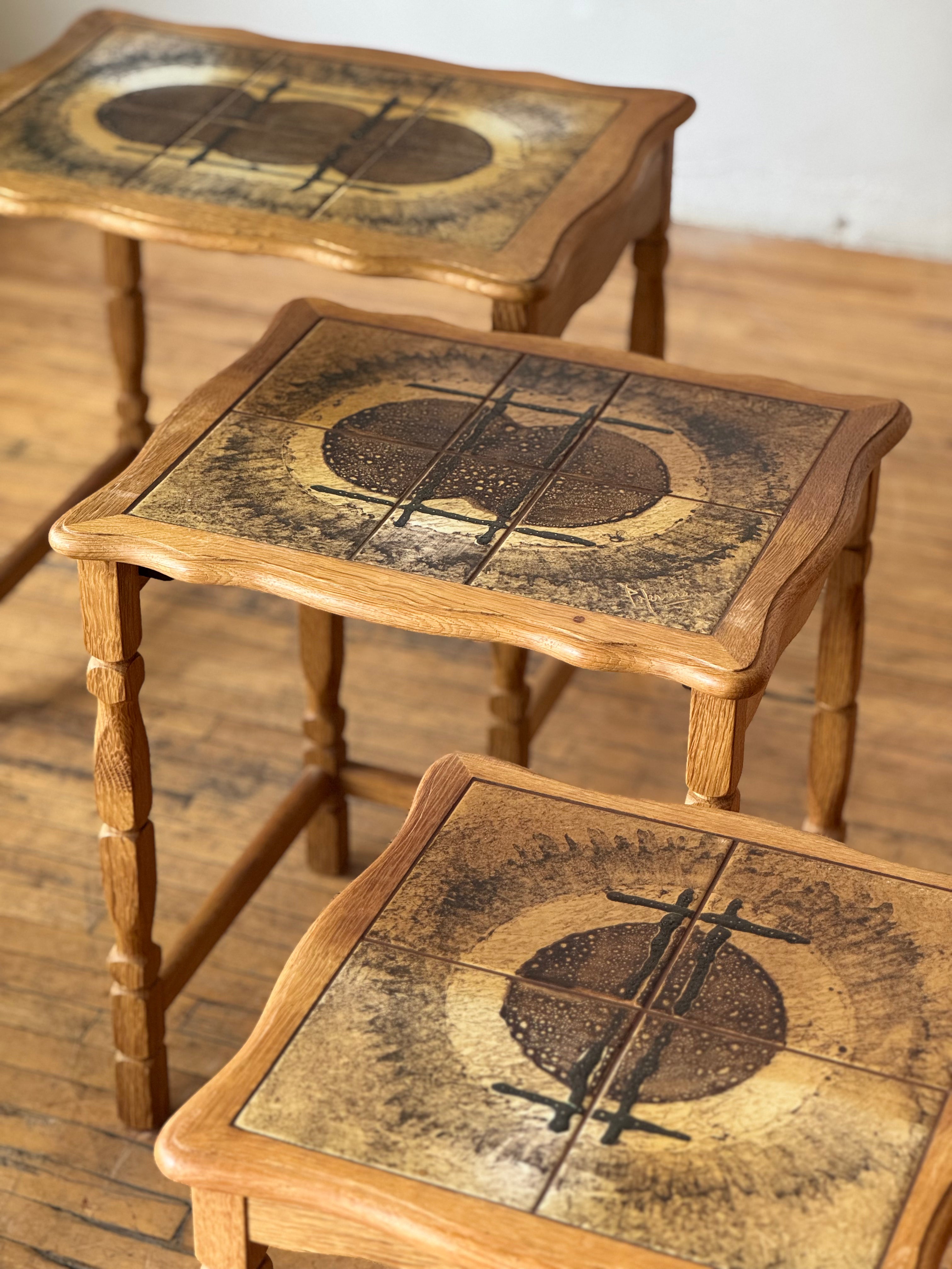 Oak & Tile Nesting Tables #3433