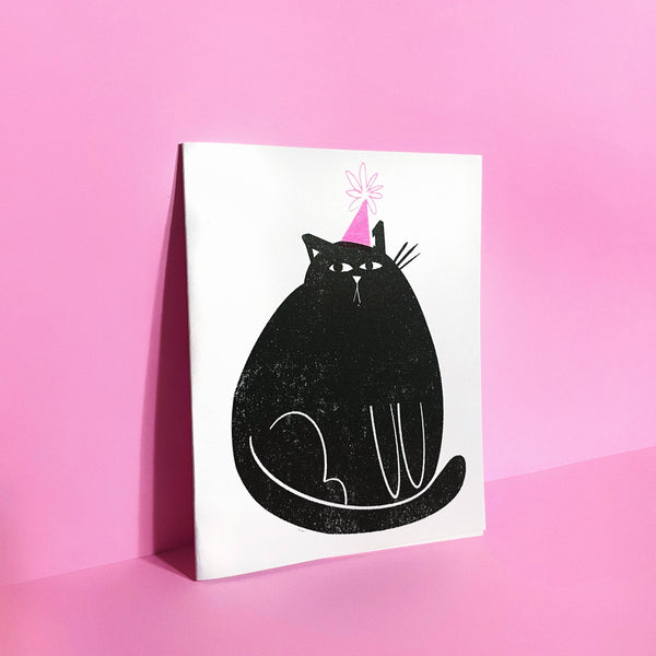 Party Cat Birthday Risograph Greeting Card