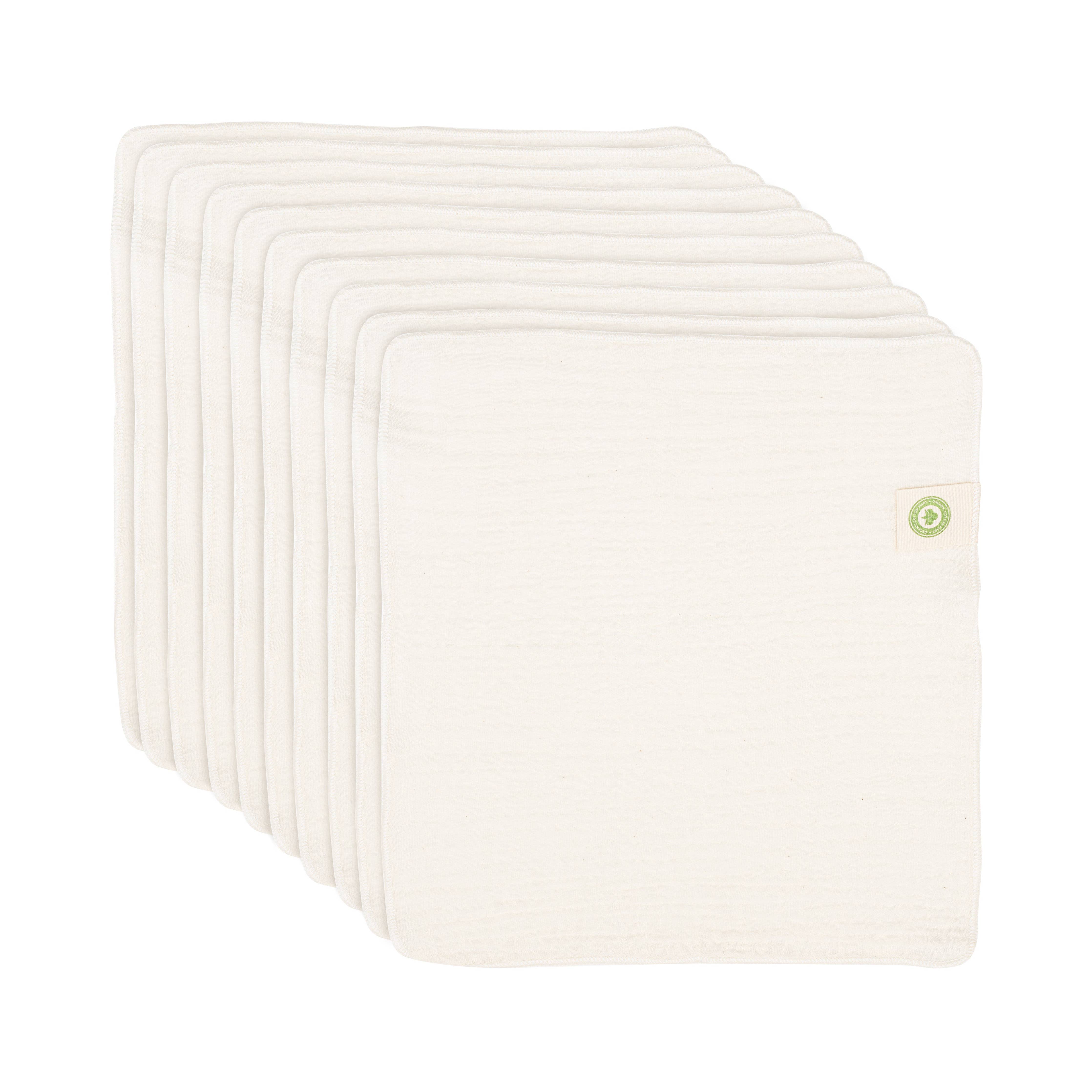 Set of 10 Organic Cotton Muslin Baby Wipes, 10”x10” : Natural