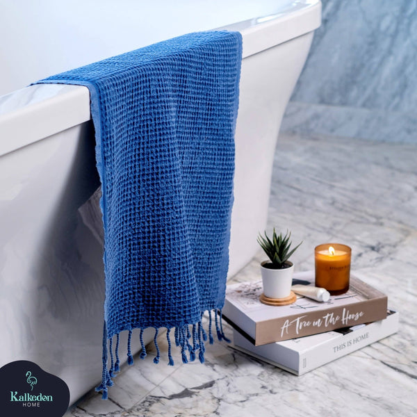Turkish Stone Washed 100% Cotton Waffle Bath Towel : Blue