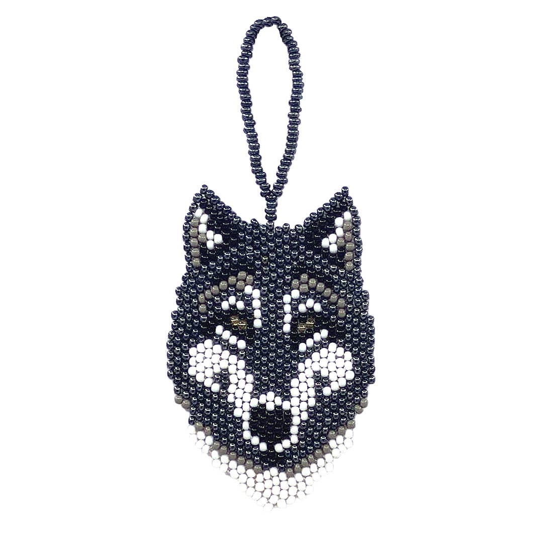 Beaded Wolf Head Seed Bead Ornament