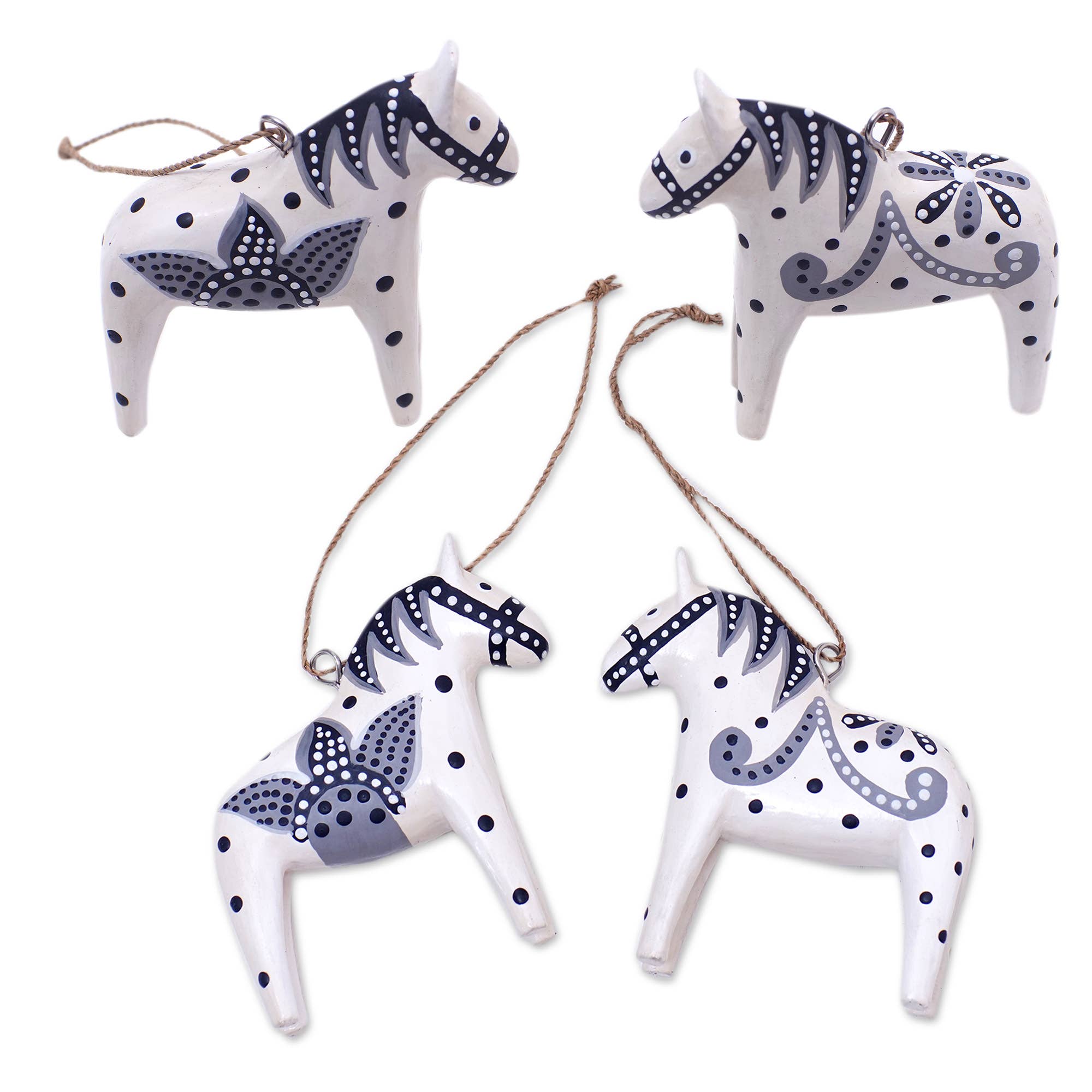 Handmade Dala Horse Wood Ornament: White & Grey