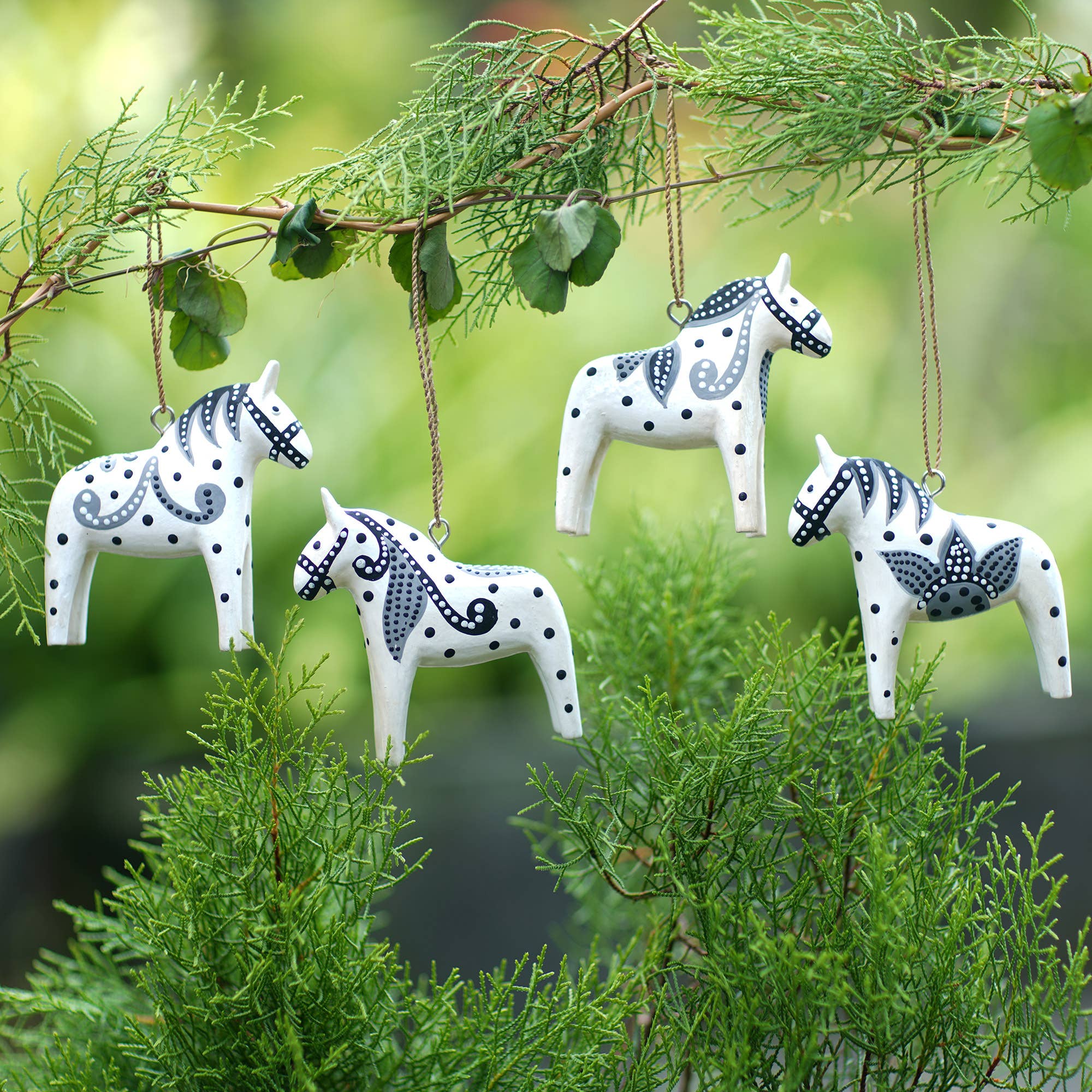 Handmade Dala Horse Wood Ornament: White & Grey