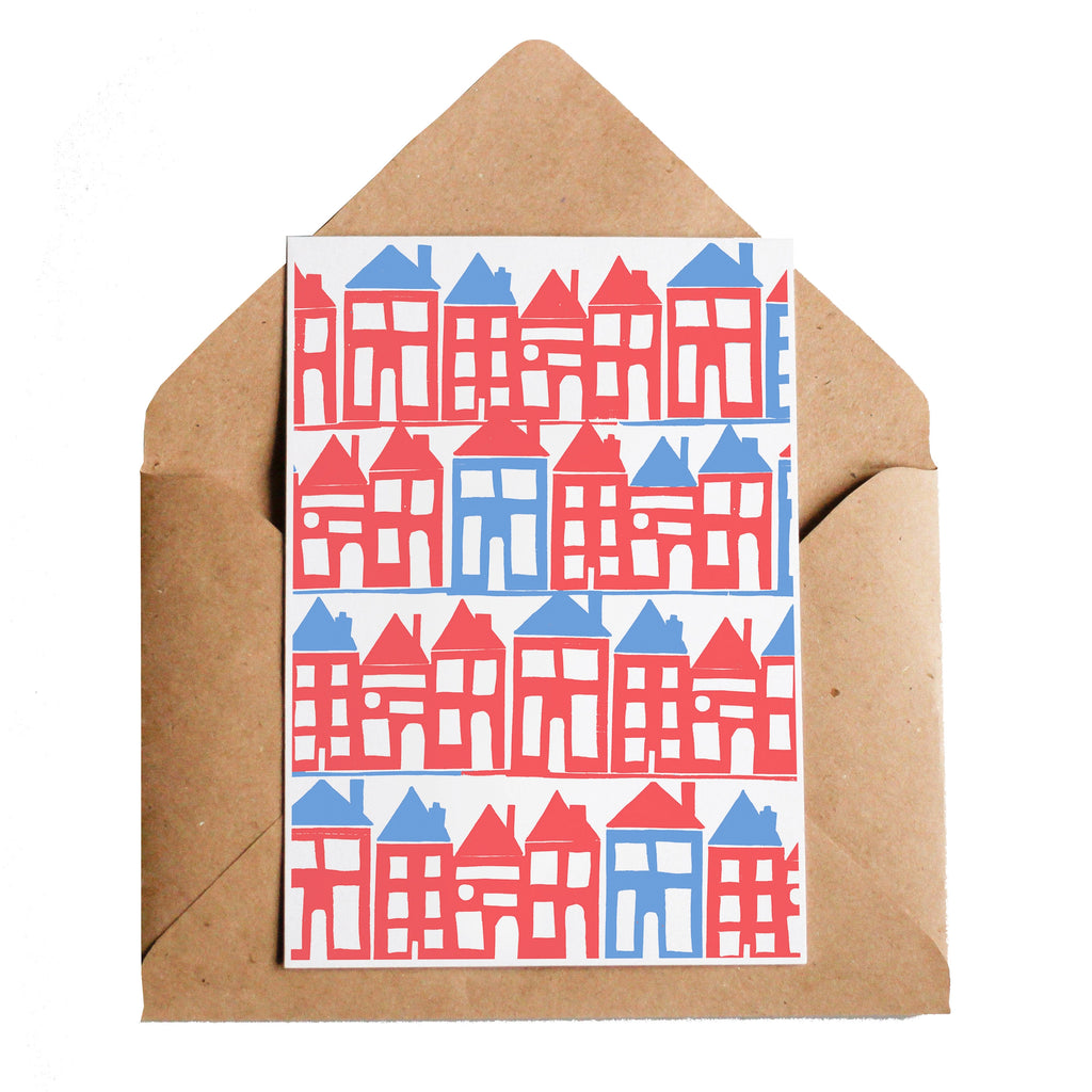 Houses in Red and Blue Greeting Card