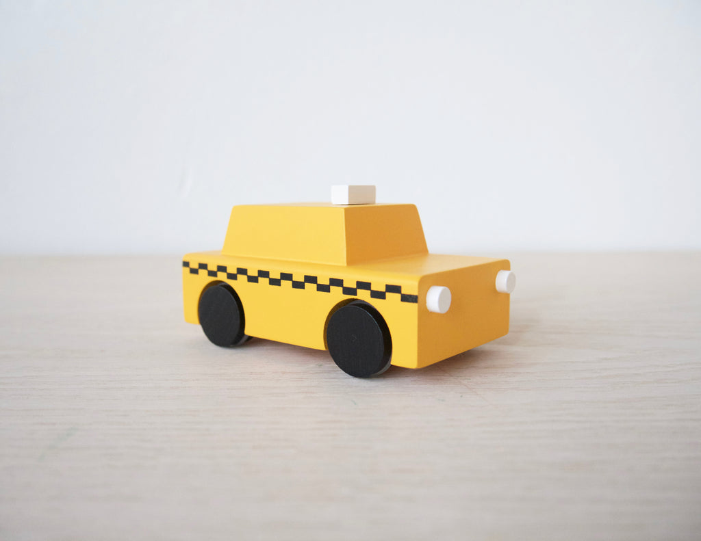 Wooden NYC Yellow Taxi Cab Windup Toy Car