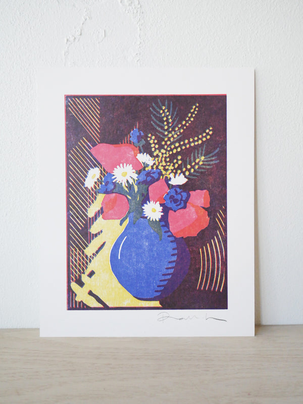 Blue Vase Bouquet Letterpress Art Print