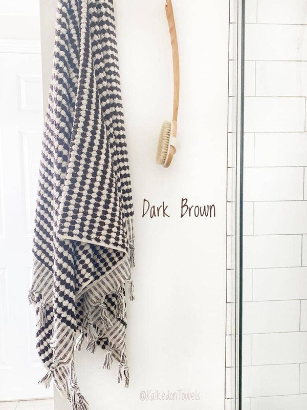 Pom Pom Bath Towel | Soft Plush Thick Towel |Checkered Towel: Bath Towel / Dark Brown