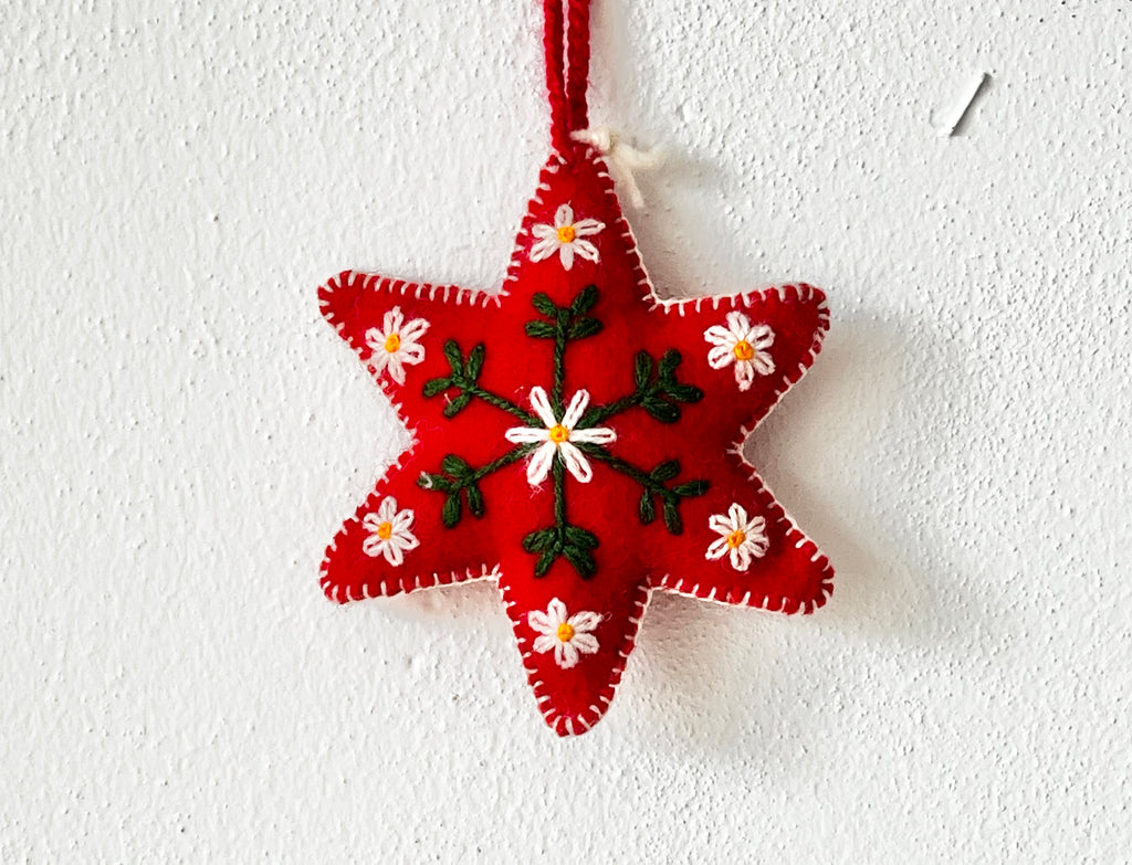 Red Six Pointed Star Embroidered Wool Christmas Ornament