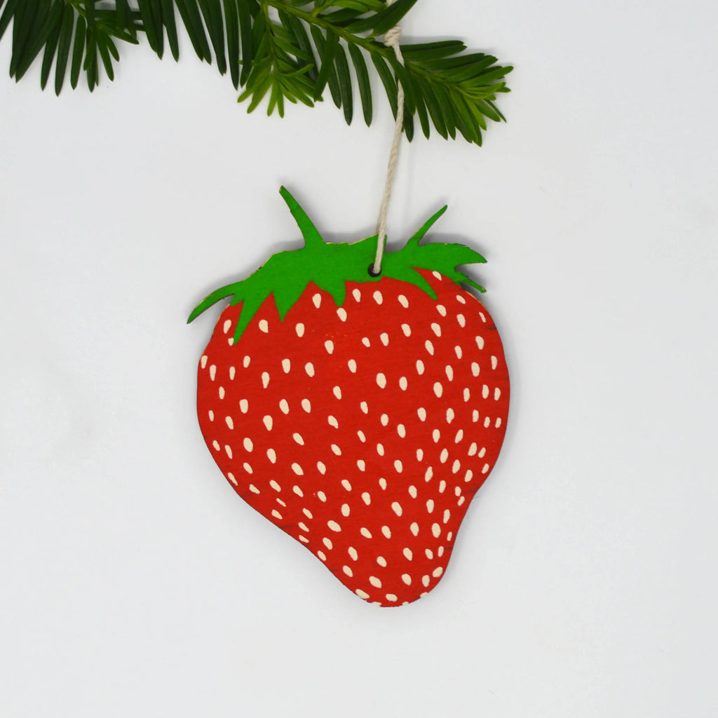 Wooden Silkscreen Strawberry Ornament